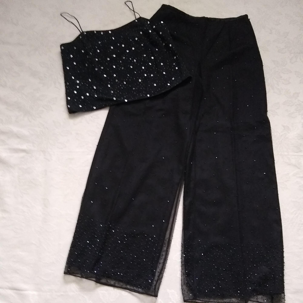 2 piece Black Set co-ords sequins beads wide leg high waist pantssilk cami Top